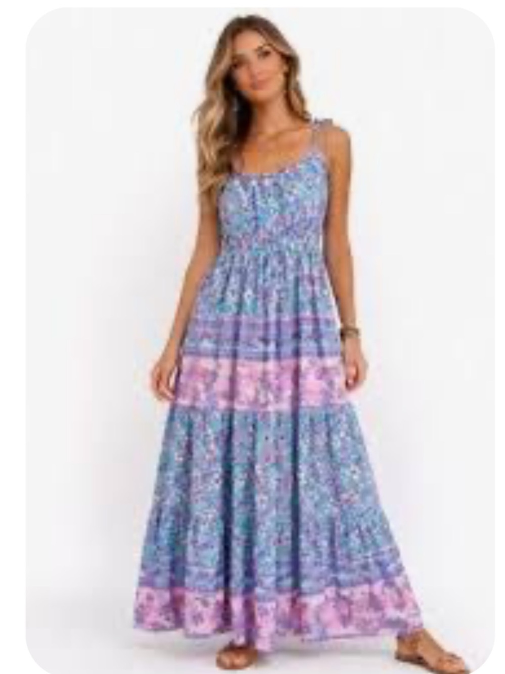 entro Teal & Pink Floral Smocked and Peplum Boho Peasant Dress